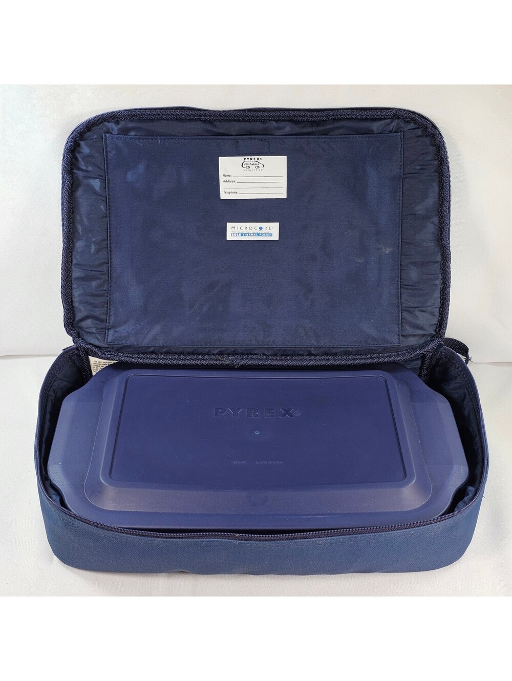 Pyrex Portables Navy Blue Insulated Carrier 3qt Glass Baker Lid Thermal Packs